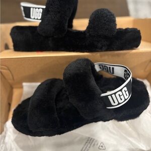 UGG Black Fuzzy Double-Band Slide Sandals with Logo Strap